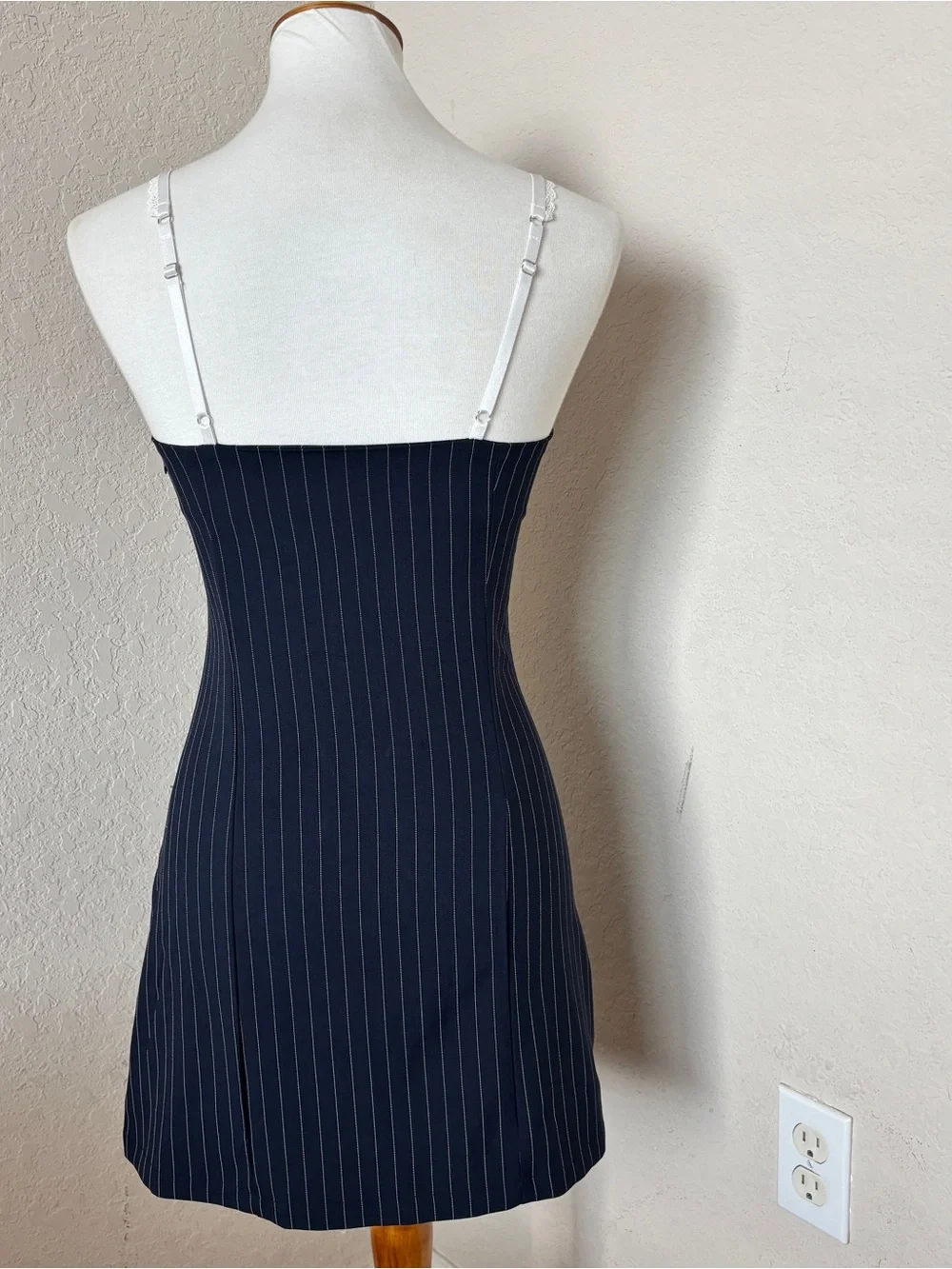 Edikted Pinstripe Lace Bralette Detail Navy  Sexy Mini Dress Size Small